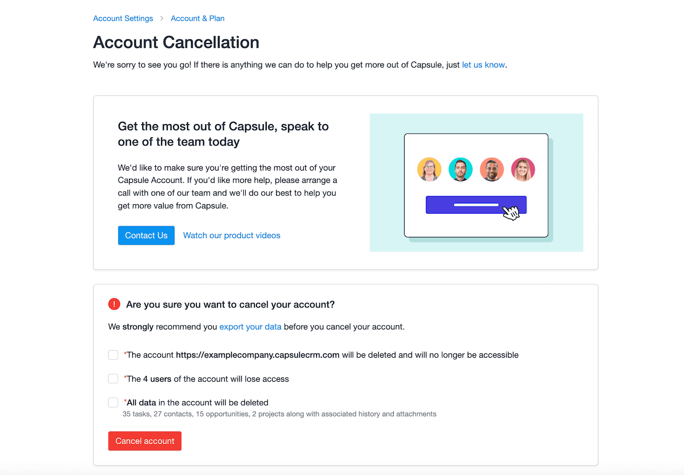 Cancel account area on the account settings page displaying checkboxes with account information before final confirmation