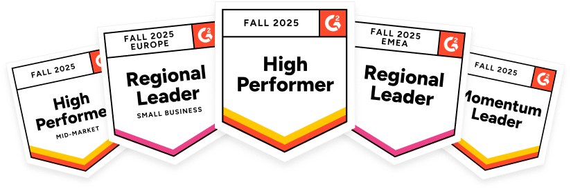 G2 awards - Leader (Small Business), Spring 2024. High Performer (Americas), Spring 2024. High Performer (Spring), 2024. Small Business High Performer (Europe), Spring 2024. Momentum Leader (Spring), 2024.